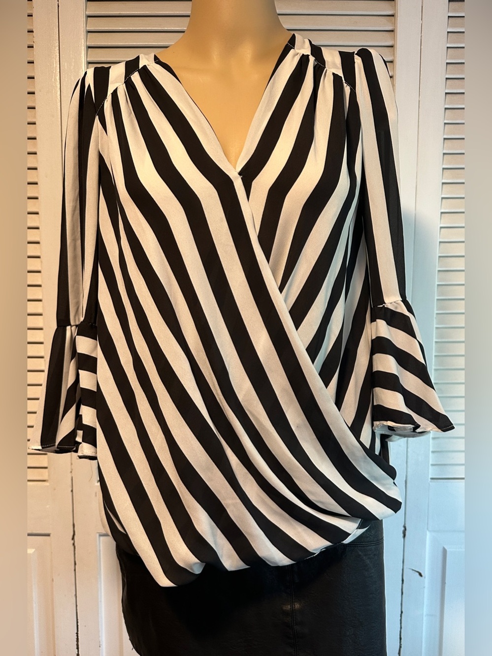 INC Boho Black White Striped Faux Wrap Satin Blouse 3/4 Bell Sleeves M
